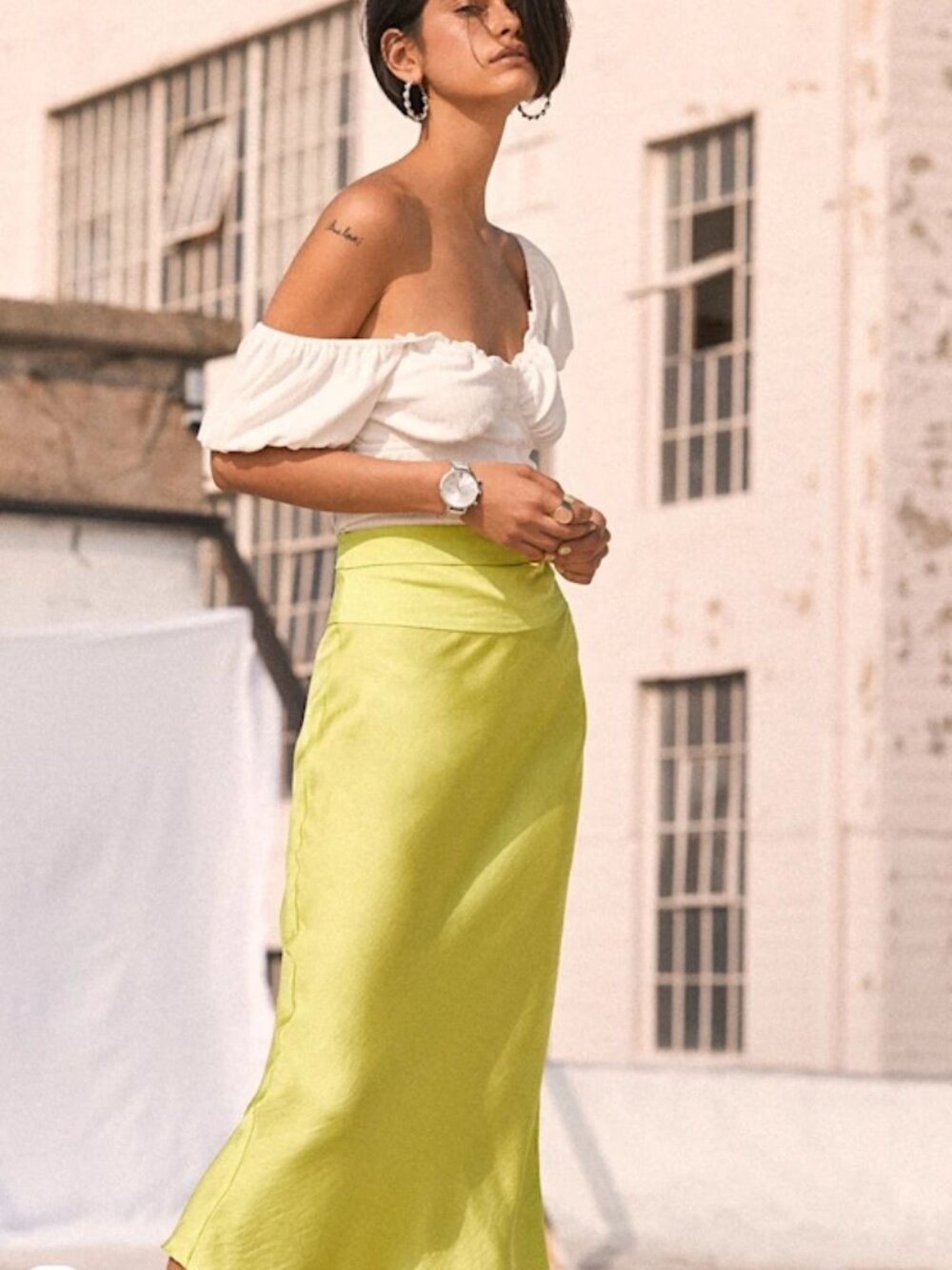 Like New! FREE PEOPLE Normani Bias Lime Satin Midi Skirt Jackfruit Size 10